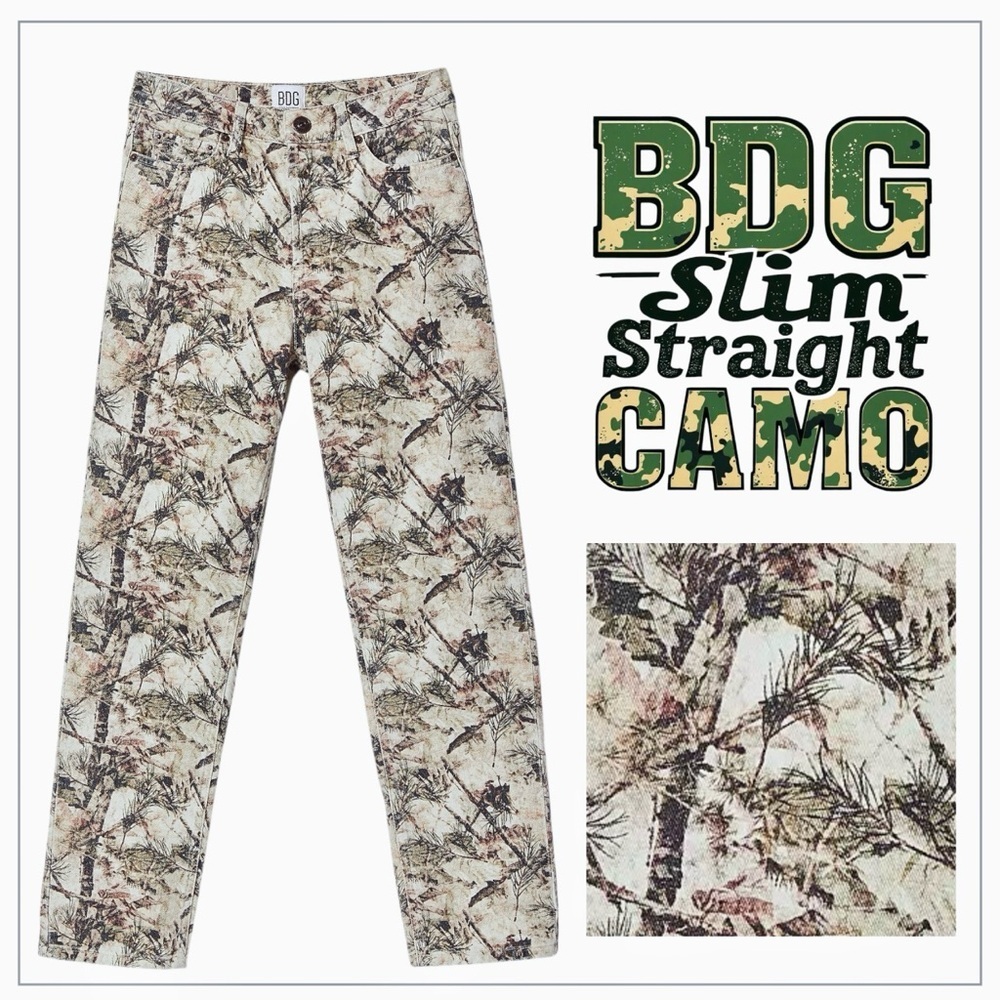 BDG High-Waisted Slim Straight Jean Cream Brown Green Camouflage Print Size 25 - Picture 2 of 8